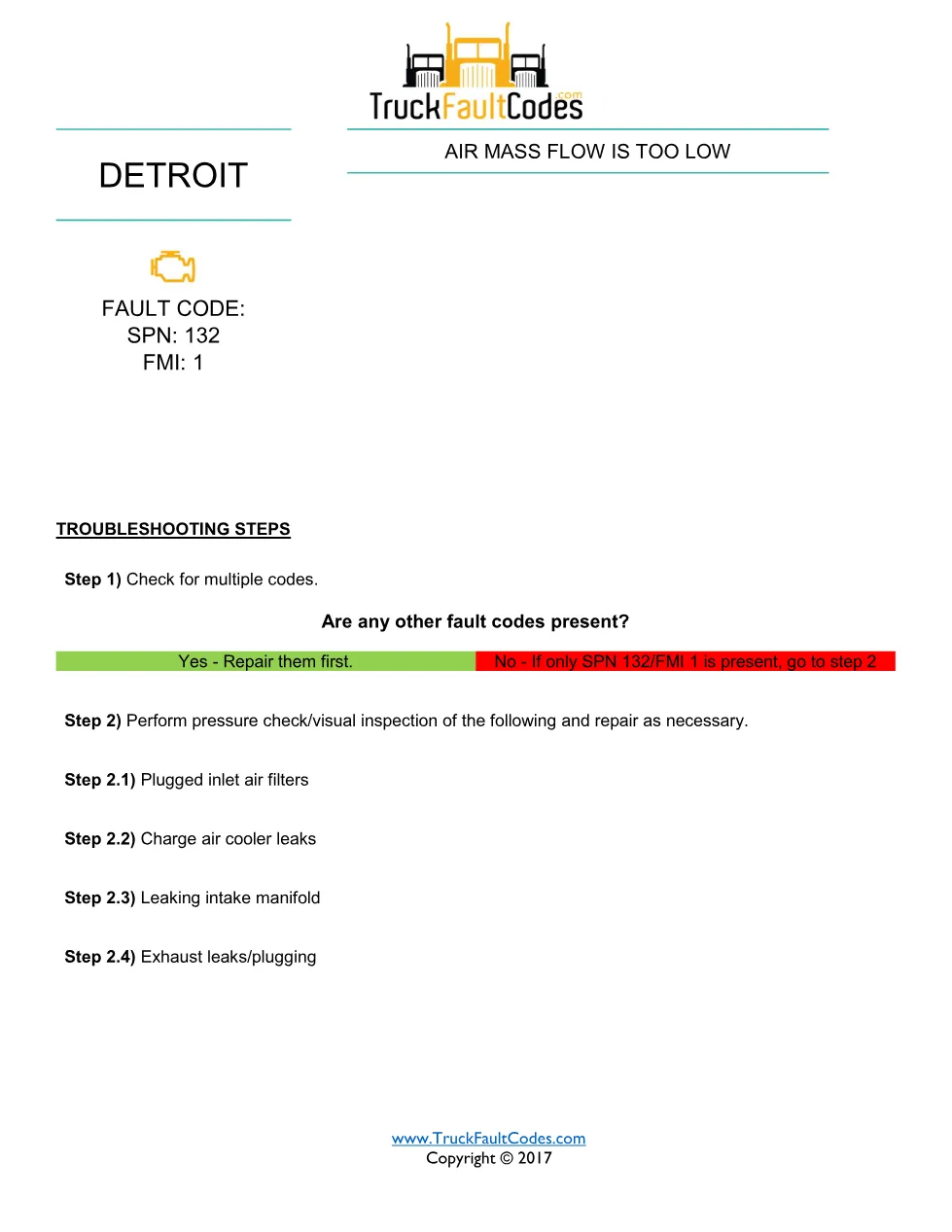 SPN 132 FMI 1 — Detroit DD Series air mass flow too low fault - page 1 is available after signing in