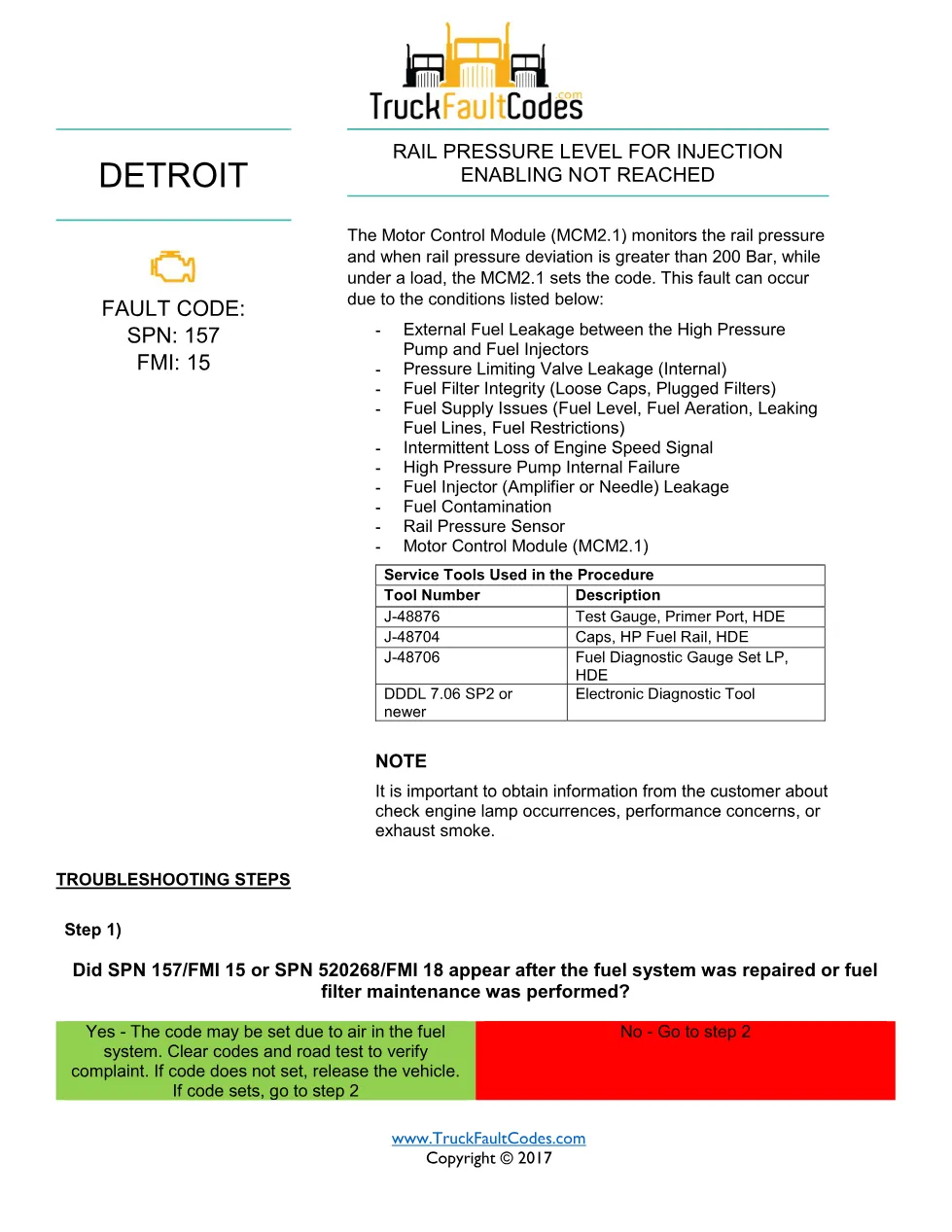 SPN 157 FMI 15 — Detroit MCM2.1 rail pressure under-load – Guide - preview page 1 of 6