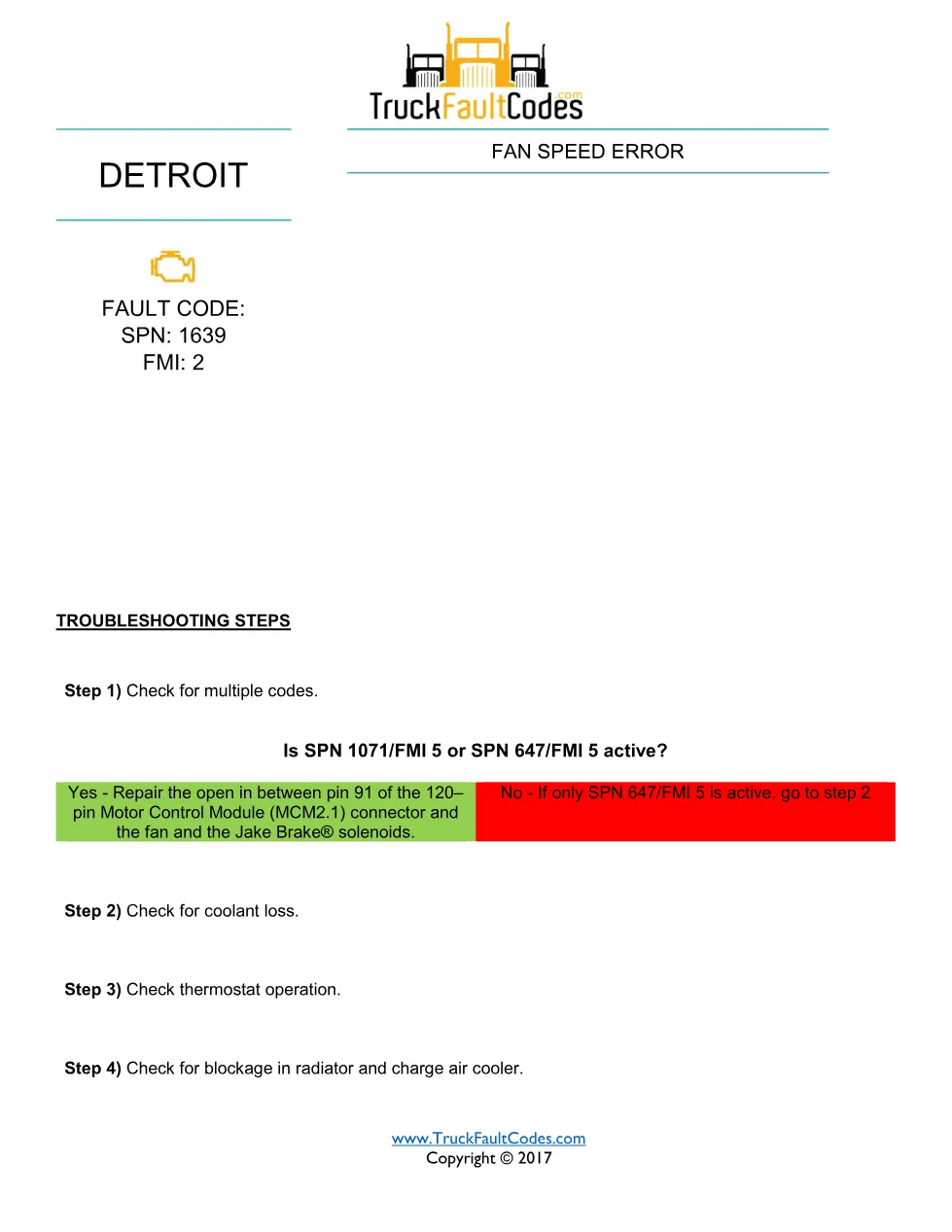 SPN 1639 FMI 2 — Fan Speed Error — Detroit DD-Series Cooling Fan - preview page 1 of 5
