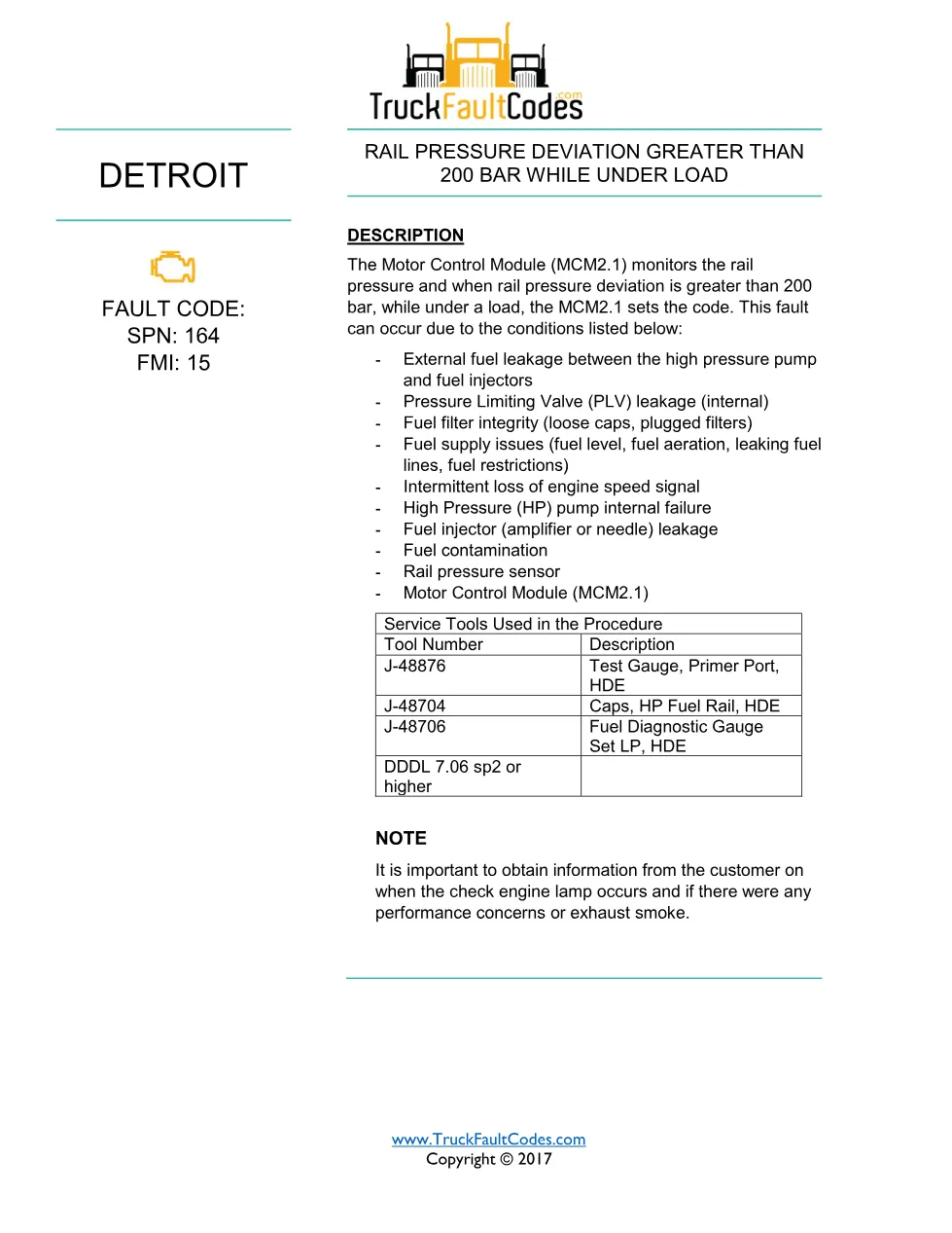 SPN 164 FMI 15 — Rail Pressure Deviation Greater Than 200 Bar - preview page 1 of 6
