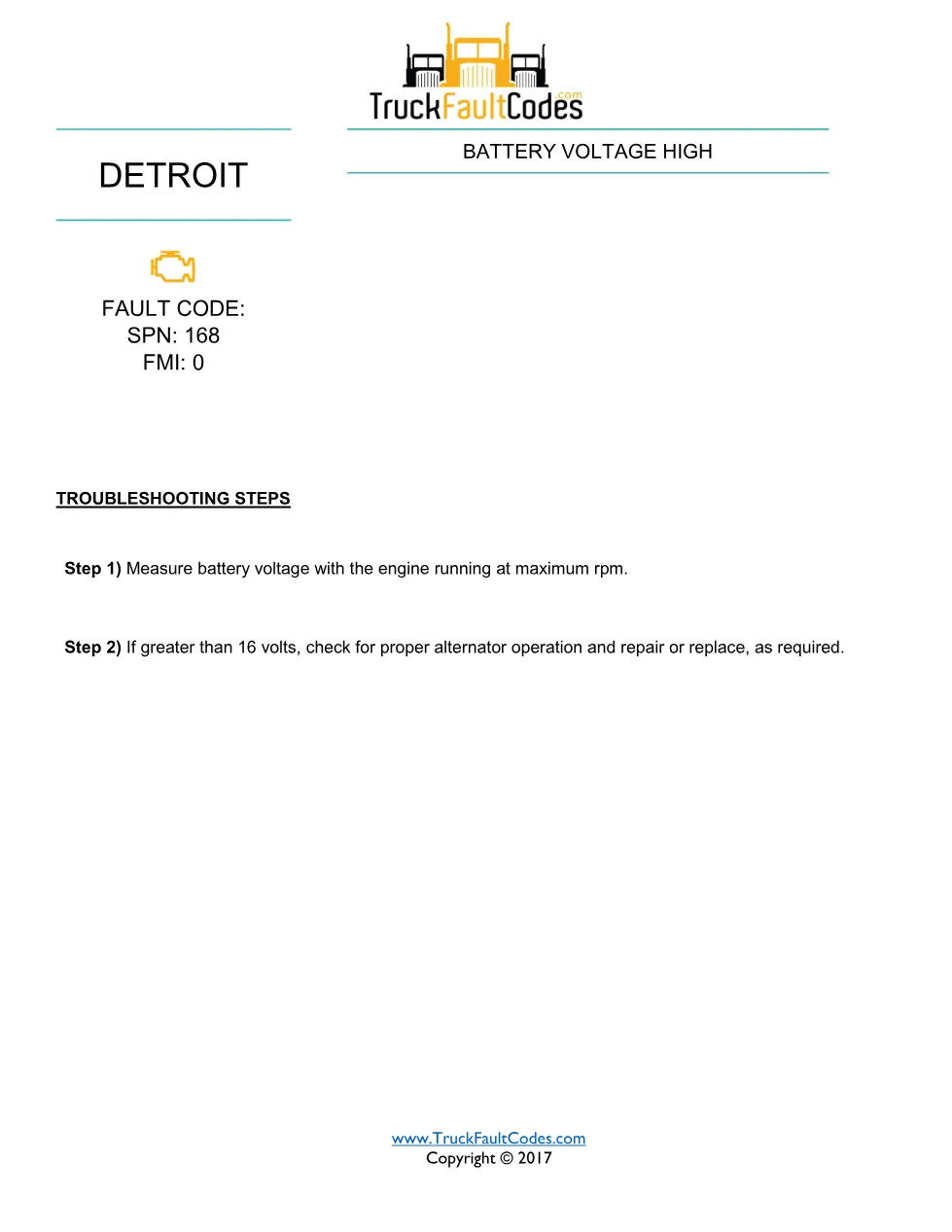 SPN 168 FMI 0 — Battery Voltage High — Detroit DD Series service - page 1 is available after signing in