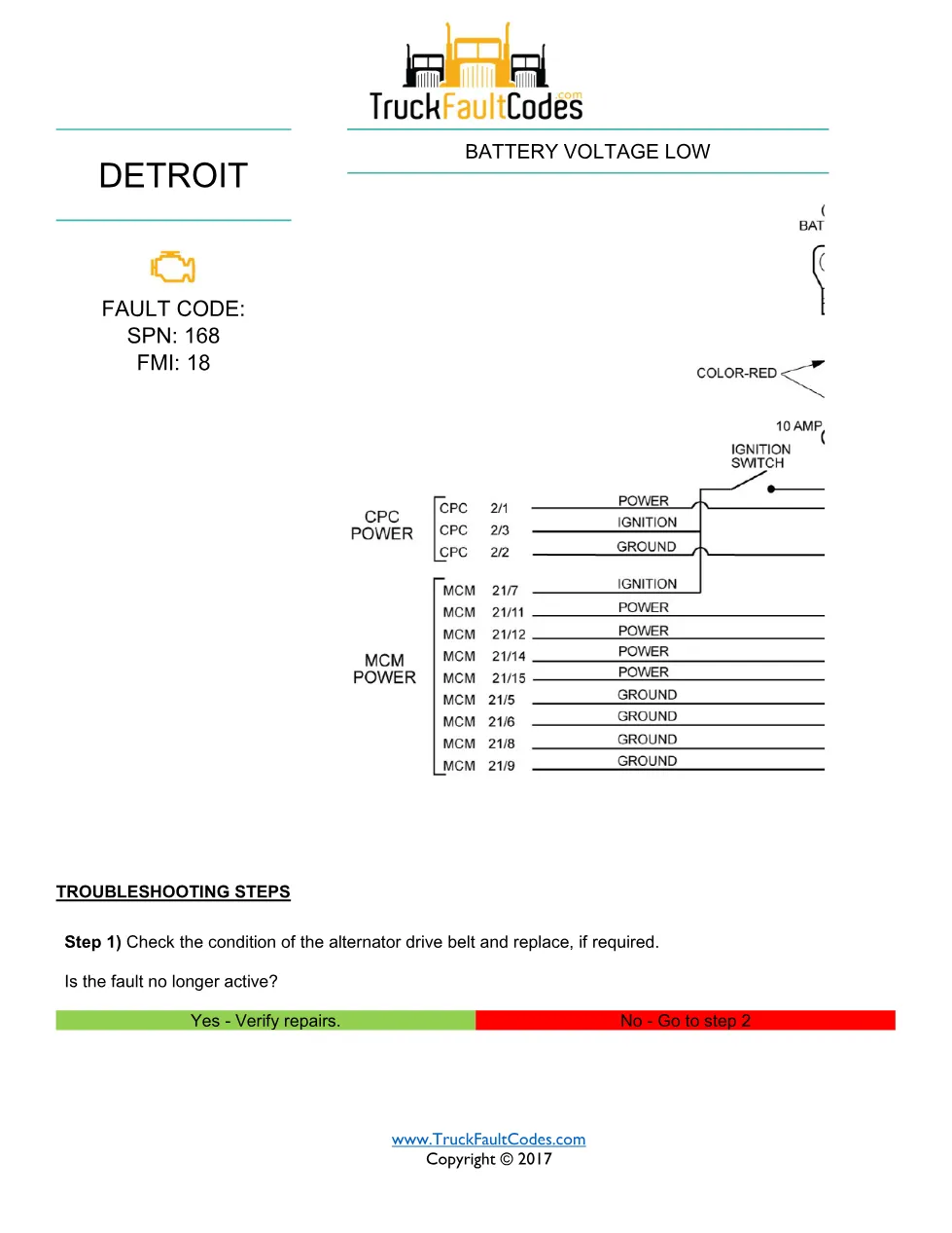 SPN 168 FMI 18 — Detroit DD Series Battery Voltage LOW Fault Code - preview page 1 of 3