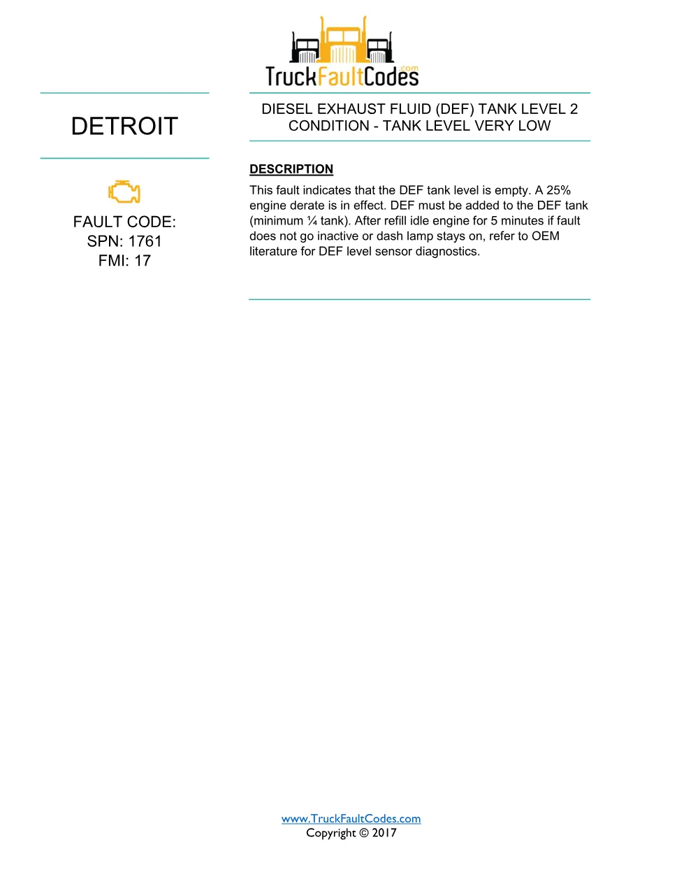 SPN 1761 FMI 17 — DEF Tank Empty With 25% Derate (Level 2) – PDF - page 1 is available after signing in