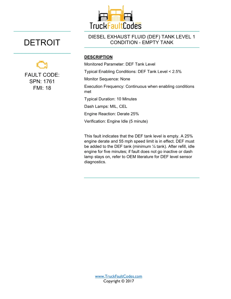 SPN 1761 FMI 18 — DEF Tank Empty, 25% Derate and 55 mph Limit - page 1 is available after signing in