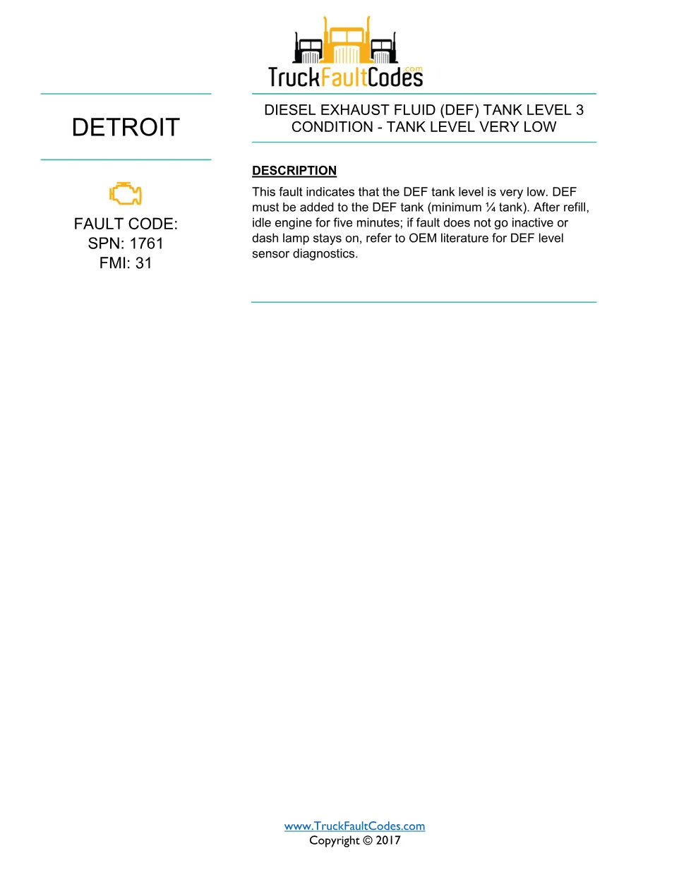 SPN 1761 FMI 31 — DEF Tank Level Very Low (Level 3) — Detroit DD - page 1 is available after signing in