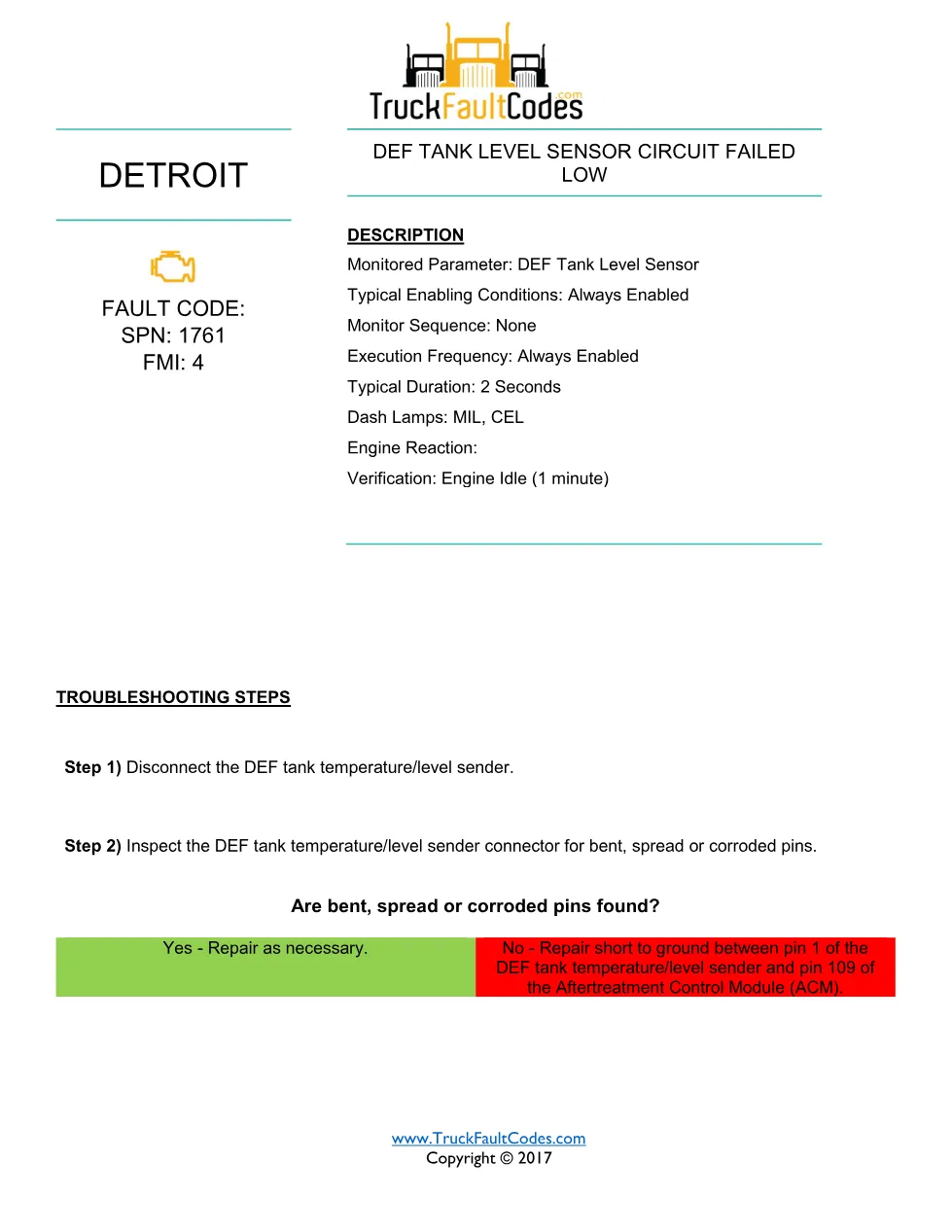 SPN 1761 FMI 4 — DEF Tank Level Sensor Circuit Failed Low – Guide - page 1 is available after signing in
