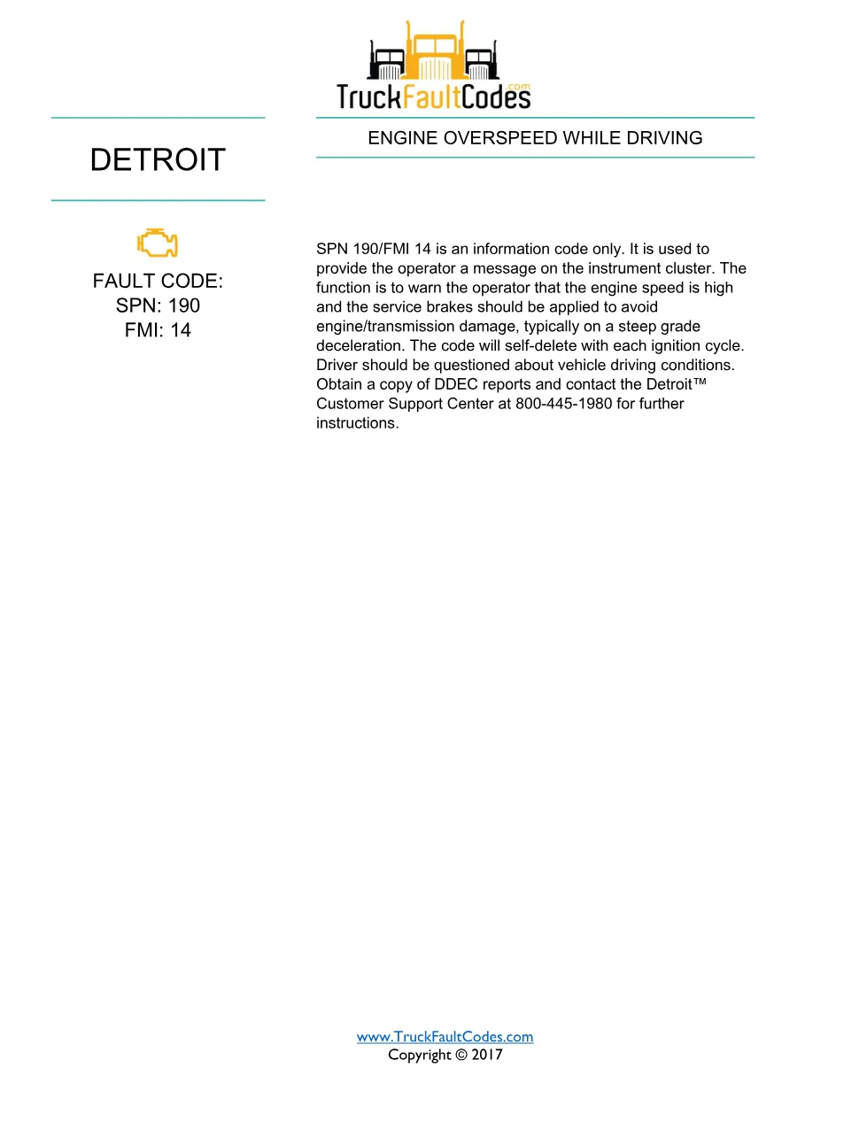 SPN 190 FMI 14 — Detroit DD Series Diagnostic Trouble Code Fault - page 1 is available after signing in