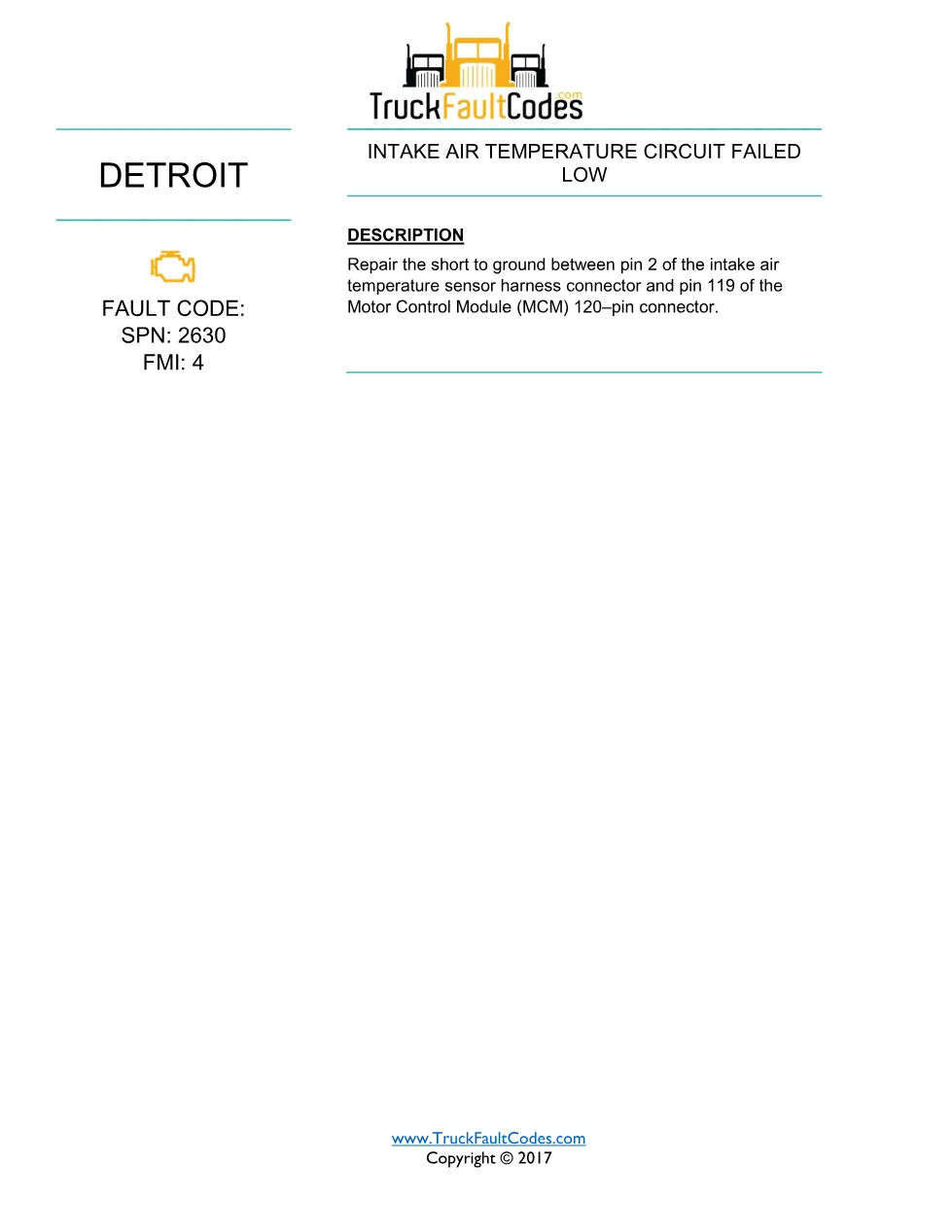SPN 2630 FMI 4 – Detroit DD-Series Intake Air Temperature Circuit - page 1 is available after signing in