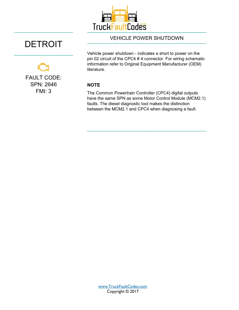 SPN 2646 FMI 3 – Detroit DD-Series Vehicle Power Shutdown (PDF, 1 - page 1 is available after signing in