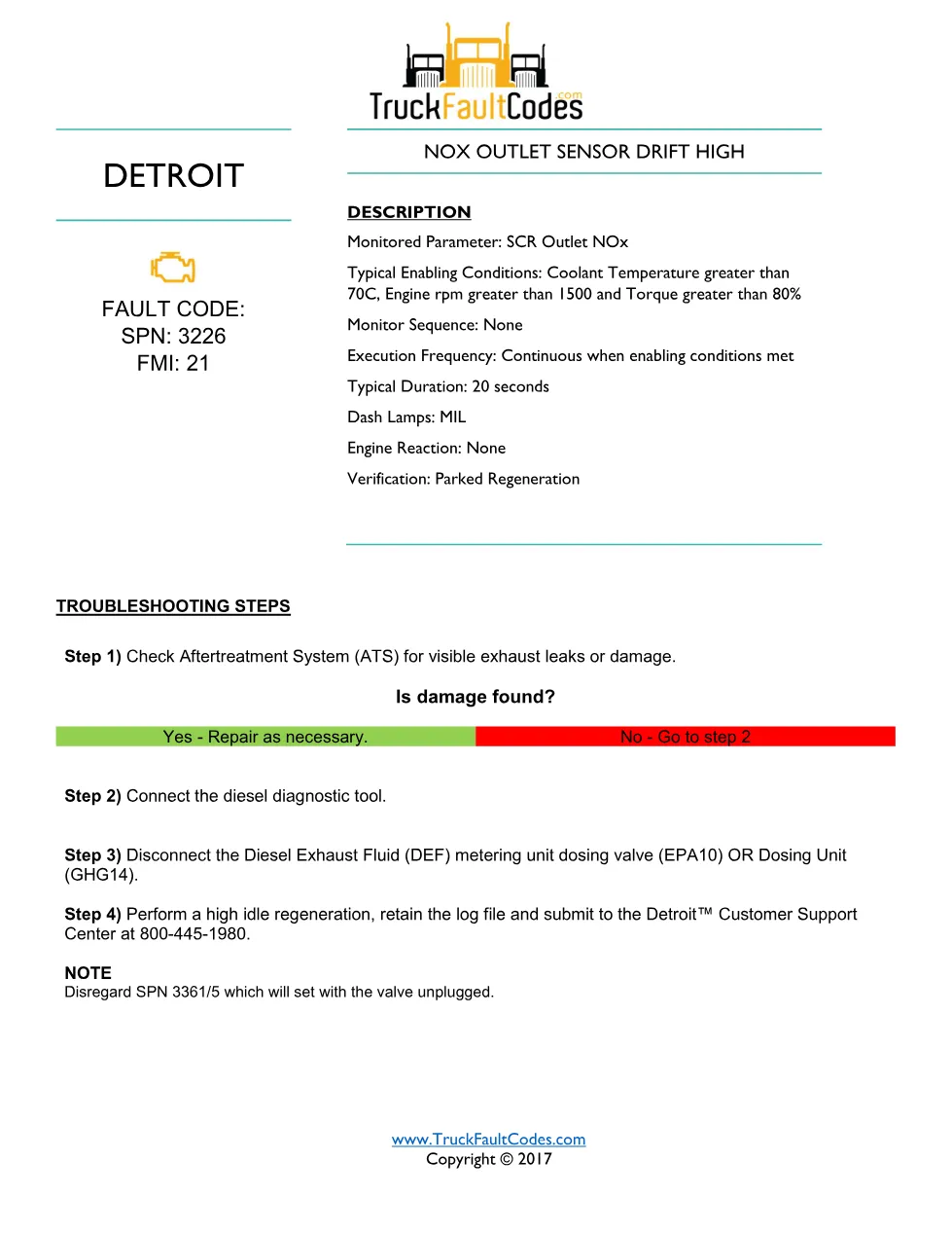 SPN 3226 FMI 21 — NOx Outlet Sensor Drift High — Detroit DD - page 1 is available after signing in