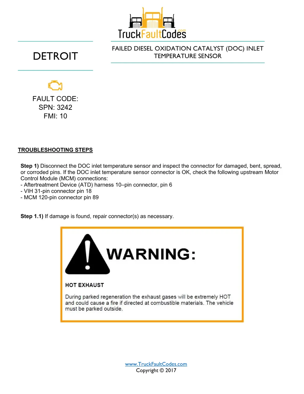 SPN 3242 FMI 10 — Failed DOC Inlet Temperature Sensor — Detroit - preview page 1 of 2