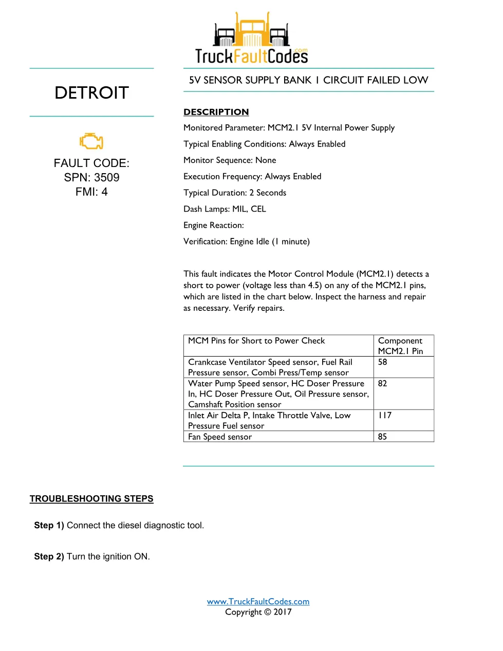 SPN 3509 FMI 4 — Detroit DD Series 5V Sensor Supply Bank 1 - preview page 1 of 2