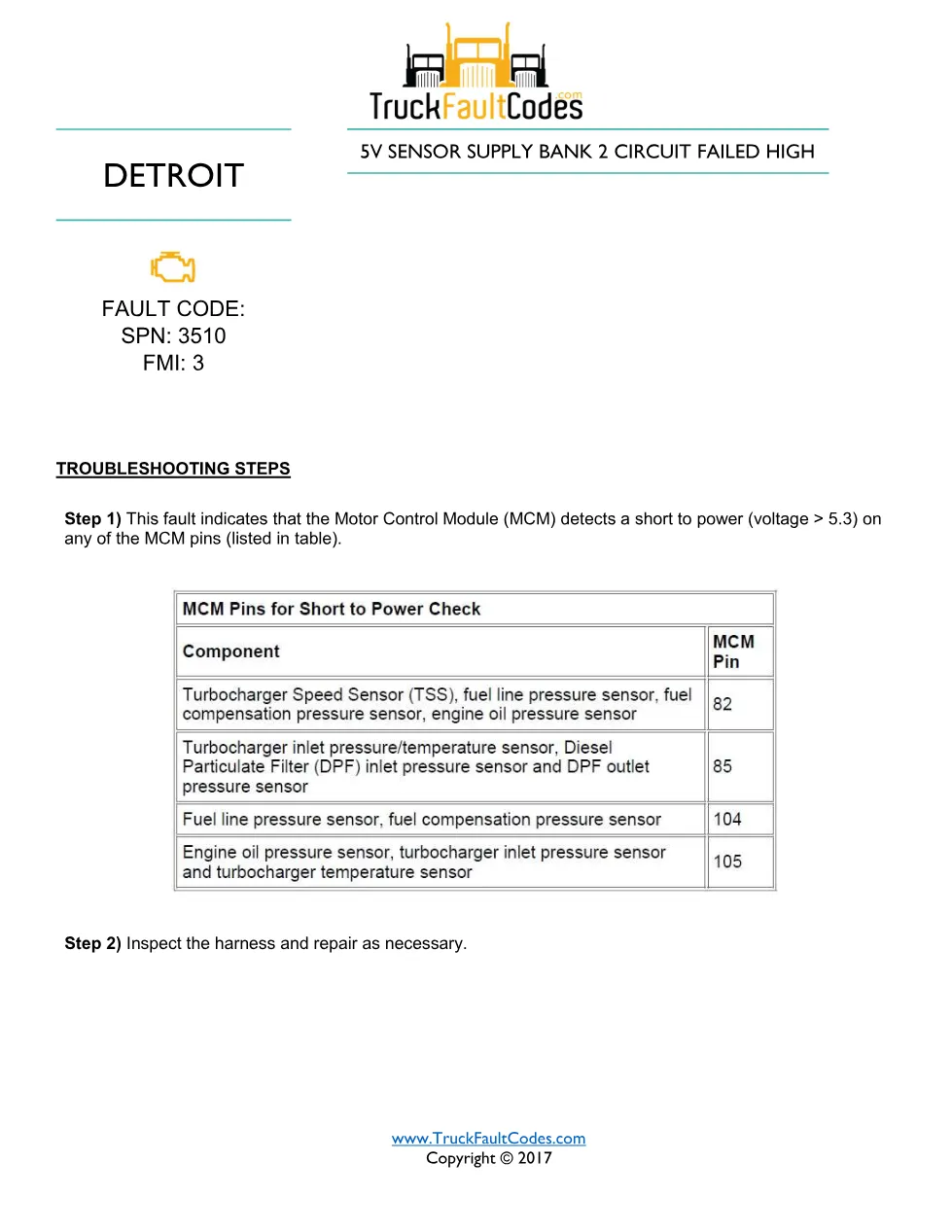 SPN 3510 supply high — Detroit DD Series 5V Sensor Supply Bank 2 - page 1 is available after signing in