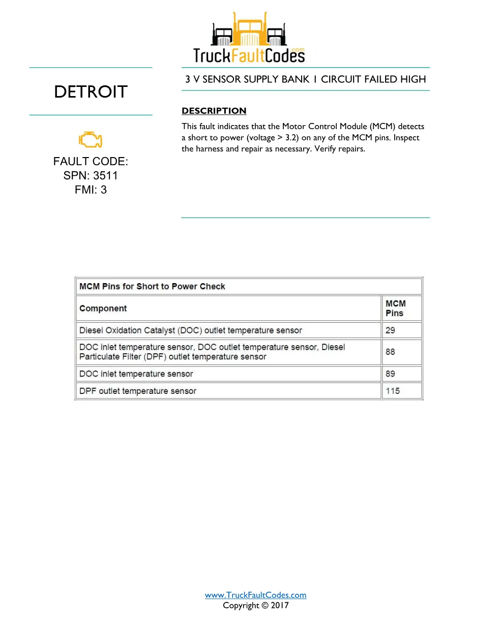 SPN 3511 FMI 3 — Detroit DD Series 3V Sensor Supply Bank 1 - page 1 is available after signing in
