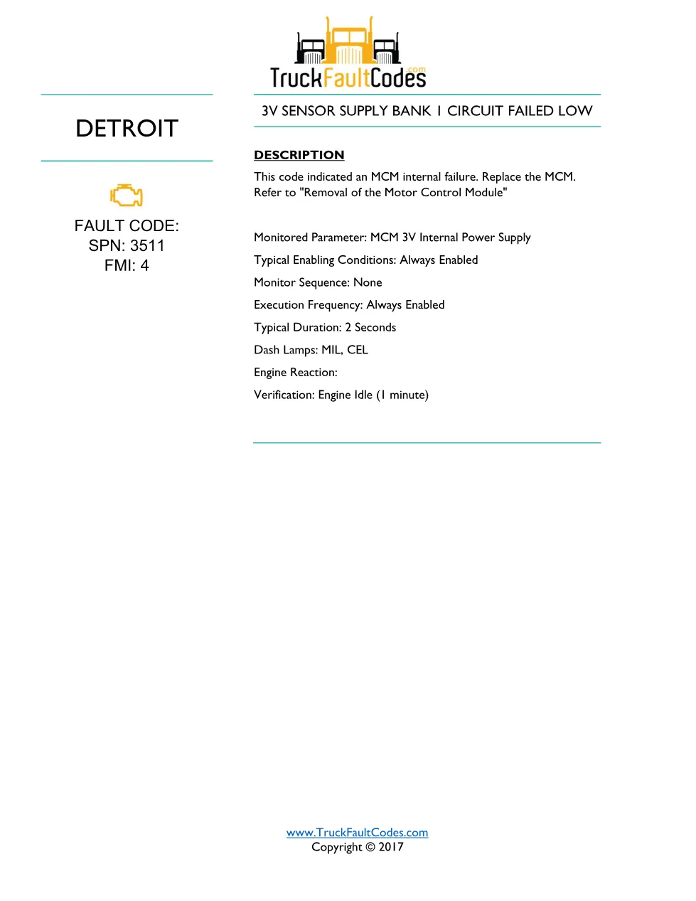 SPN 3511 FMI 4 — Detroit DD Series 3V Sensor Supply Bank 1 - page 1 is available after signing in
