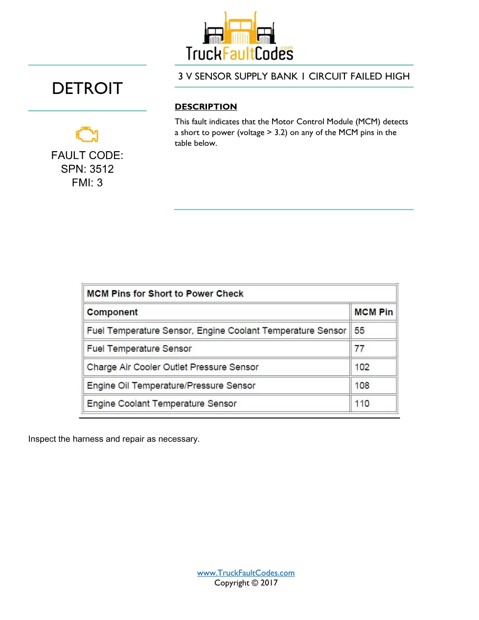 SPN 3512 FMI 3 — Detroit DD Series 3V Sensor Supply Bank 1 - page 1 is available after signing in