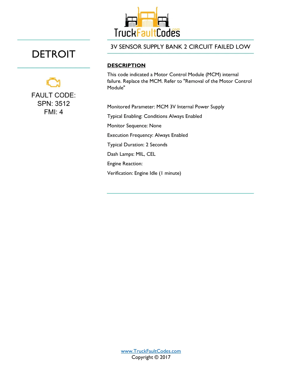 SPN 3512 FMI 4 — Detroit DD Series 3V Sensor Supply Bank 2 - page 1 is available after signing in
