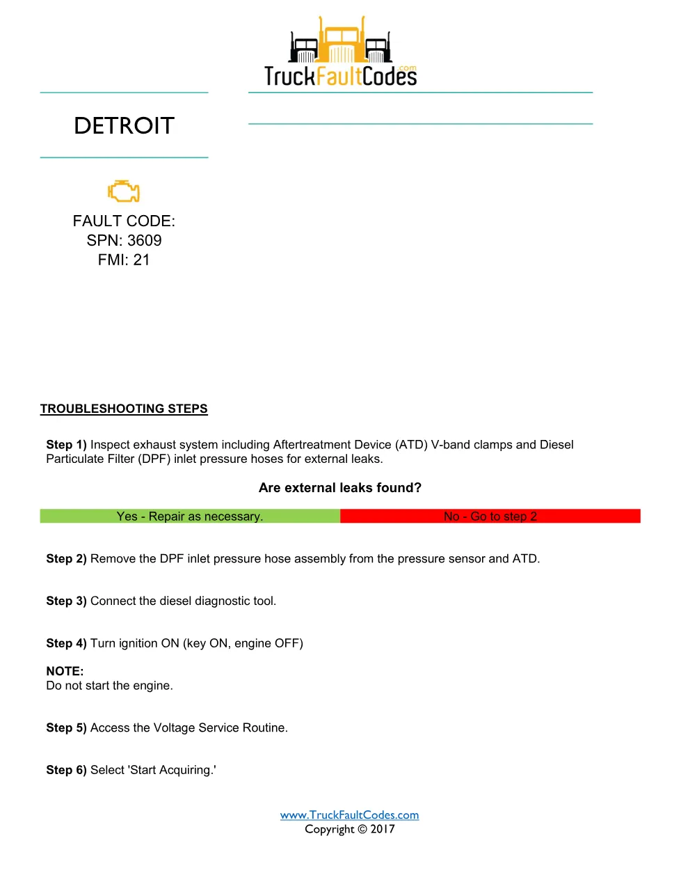 SPN 3609 FMI 21 — Detroit DD Series DPF inlet pressure sensor DTC - preview page 1 of 3