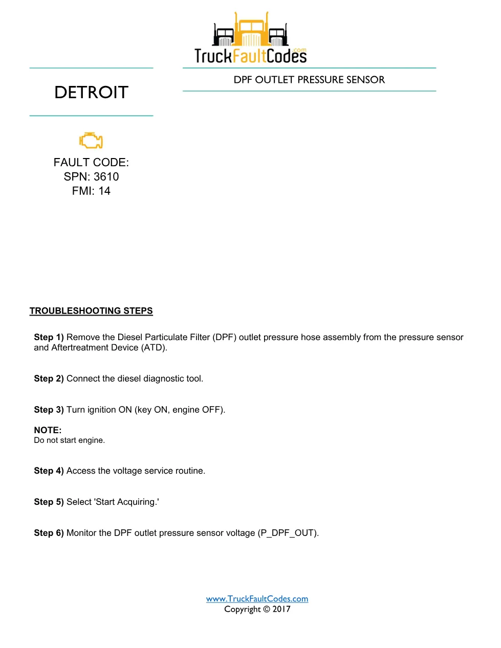 SPN 3610 FMI 14 — Detroit DD Series DPF outlet pressure sensor - preview page 1 of 3