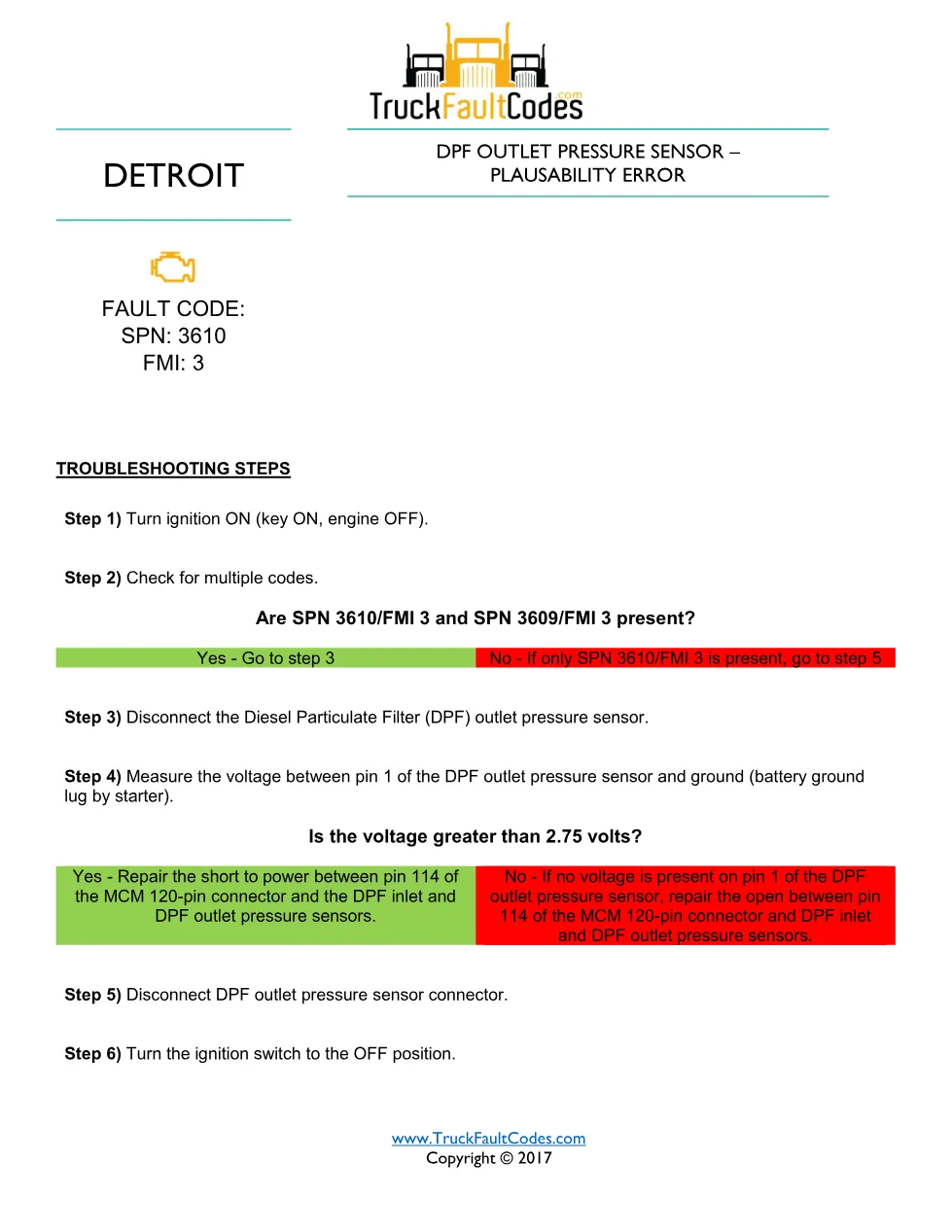 SPN 3610 FMI 3 — Detroit DD Series DPF outlet pressure sensor DTC - preview page 1 of 2