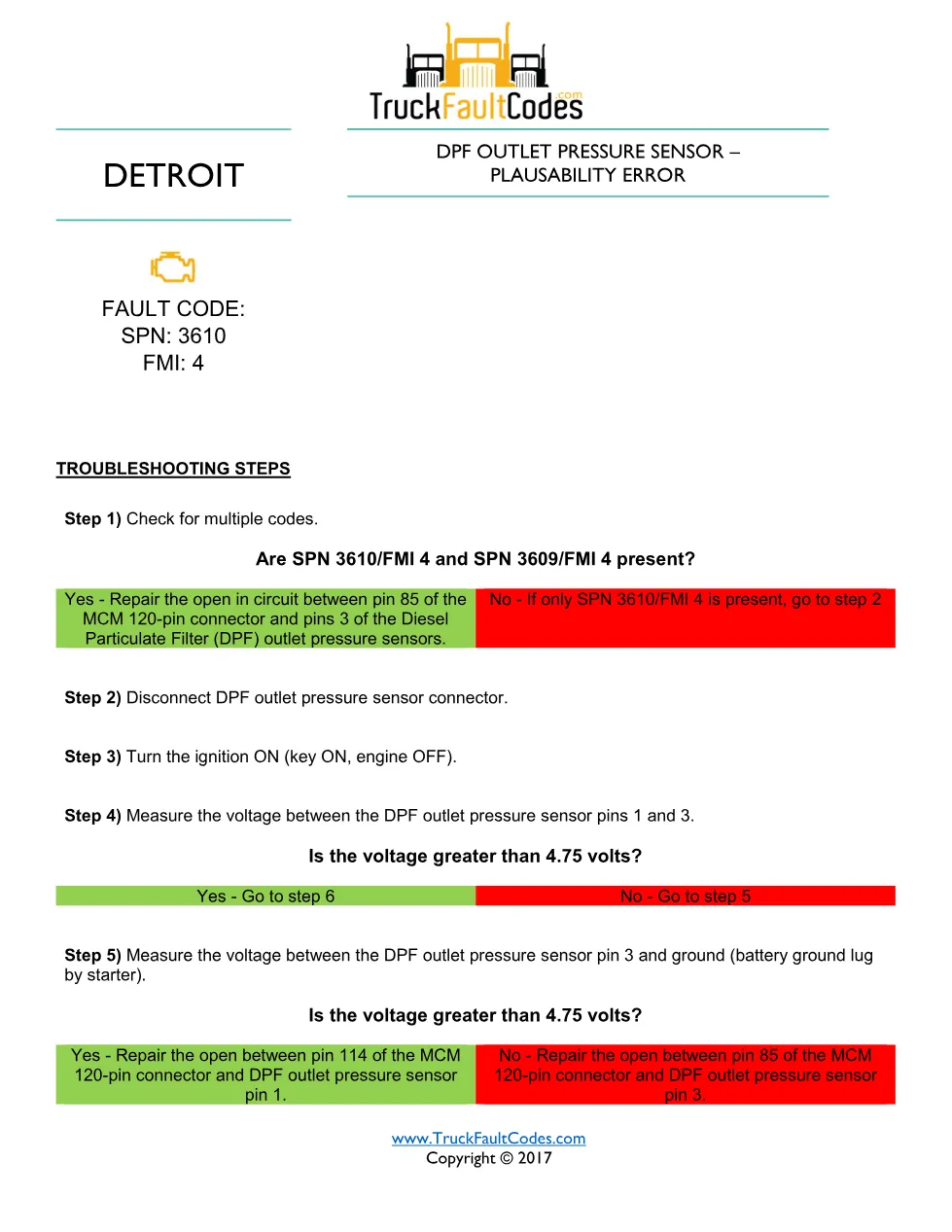 SPN 3610 FMI 4 — Detroit DD Series DPF outlet pressure sensor DTC - preview page 1 of 2