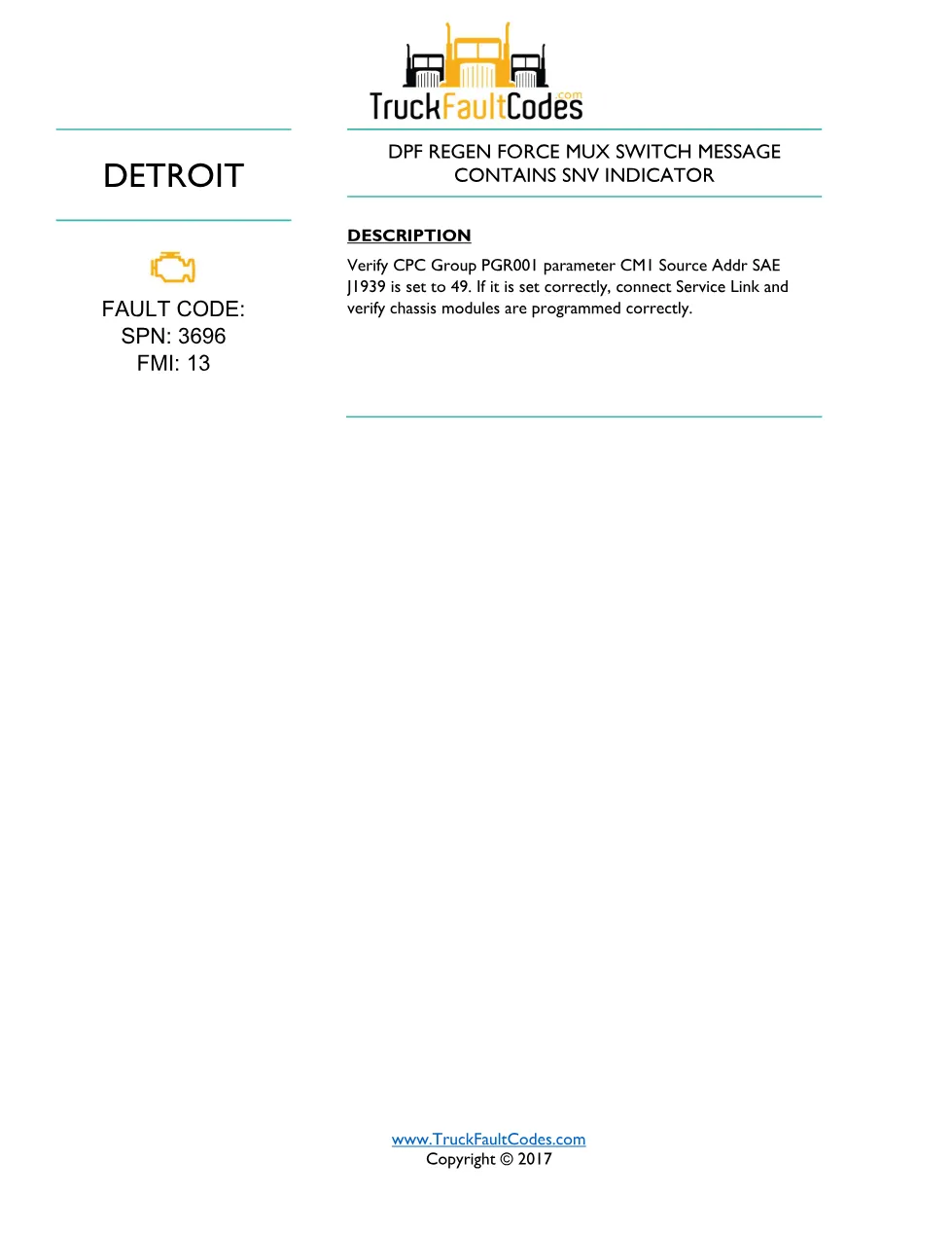 SPN 3696 FMI 13 — Detroit DD Series all model years DTC Sheet - page 1 is available after signing in