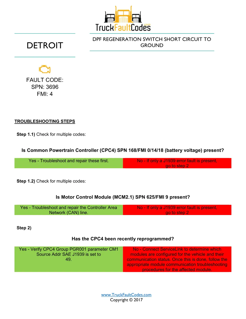 SPN 3696 FMI 4 — Detroit DD Series GHG14 DTC Sheet (PDF, 1 page) - page 1 is available after signing in
