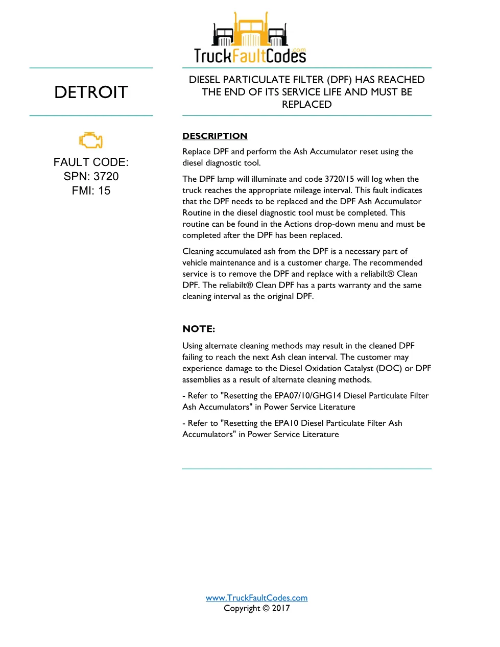 SPN 3720 FMI 15 — Detroit DD Series all model years DTC Sheet - page 1 is available after signing in