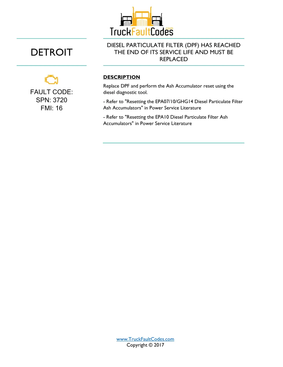 SPN 3720 FMI 16 — Detroit DD Series all model years DTC Sheet - page 1 is available after signing in