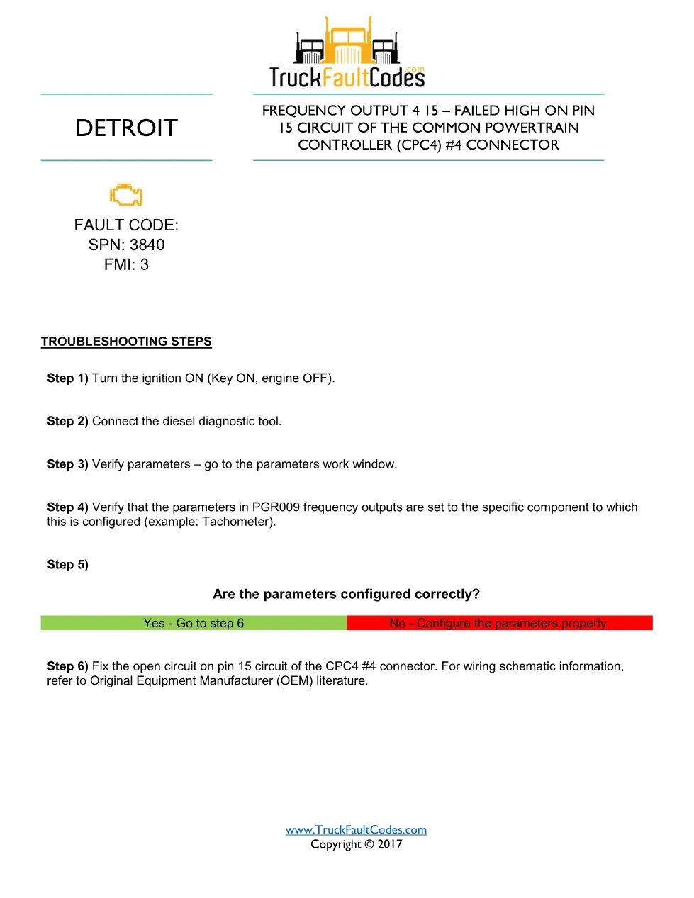 SPN 3840 FMI 3 — Detroit DD Series GHG14 DTC Sheet (PDF, 1 page) - page 1 is available after signing in