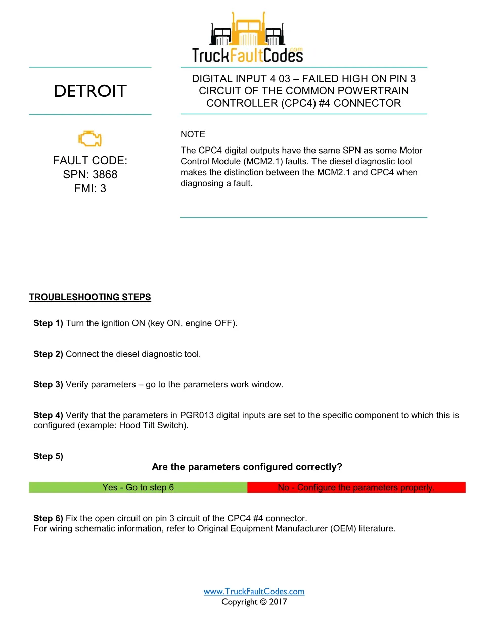 SPN 3868 FMI 3 — Detroit DD Series CPC4 Digital Input 4 03 Fault - page 1 is available after signing in