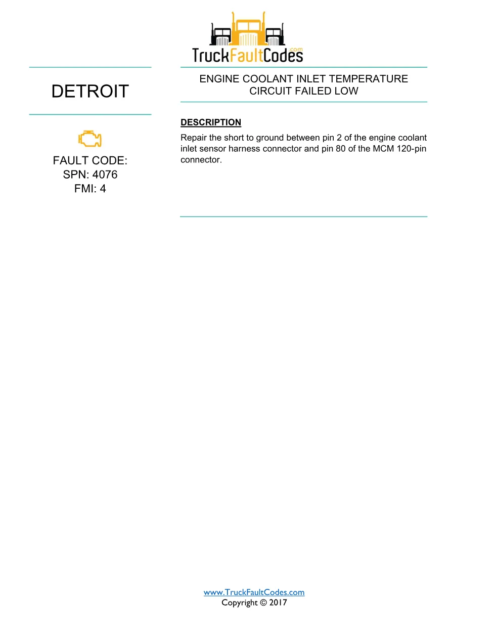 SPN 4076 FMI 4 — Detroit DD Series Engine Coolant Inlet – 1 pages - page 1 is available after signing in