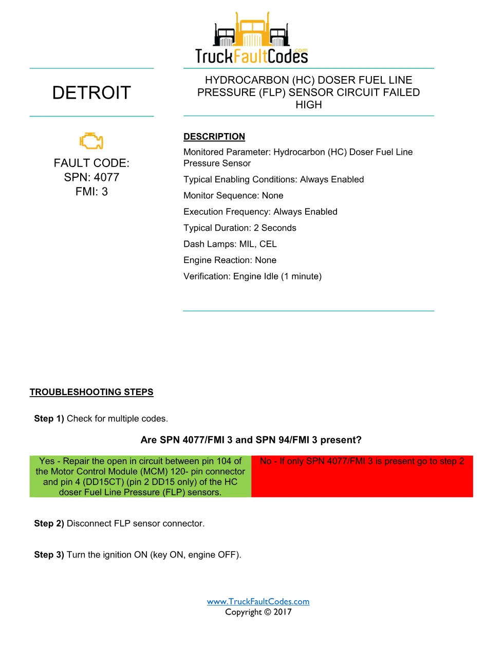 SPN 4077 FMI 3 — Detroit DD Series Hydrocarbon Doser FLP Sensor - preview page 1 of 2