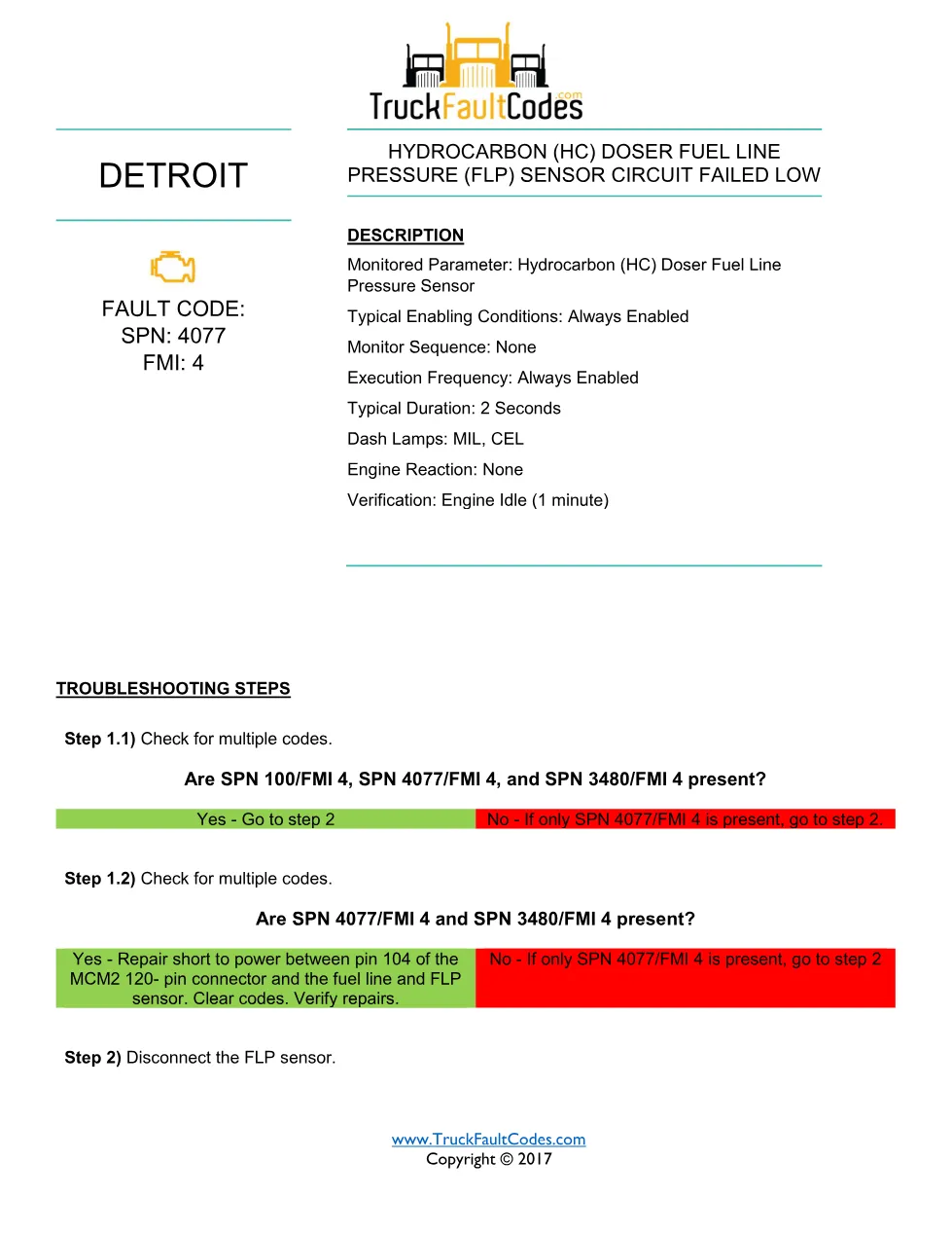 SPN 4077 FMI 4 — Detroit DD Series Hydrocarbon Doser FLP Sensor - preview page 1 of 3