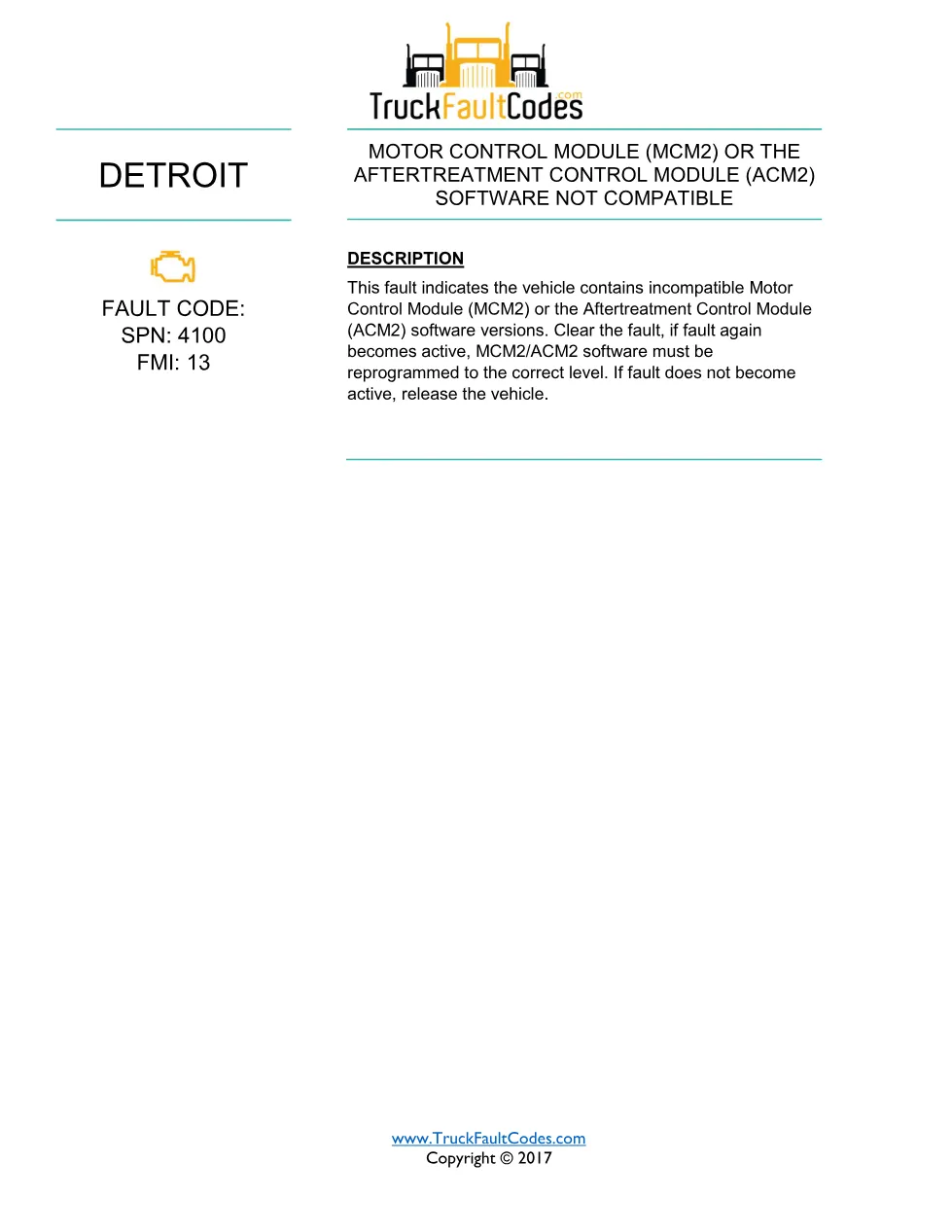 SPN 4100 FMI 13 — Detroit DD Series MCM2 or ACM2 Software Not - page 1 is available after signing in
