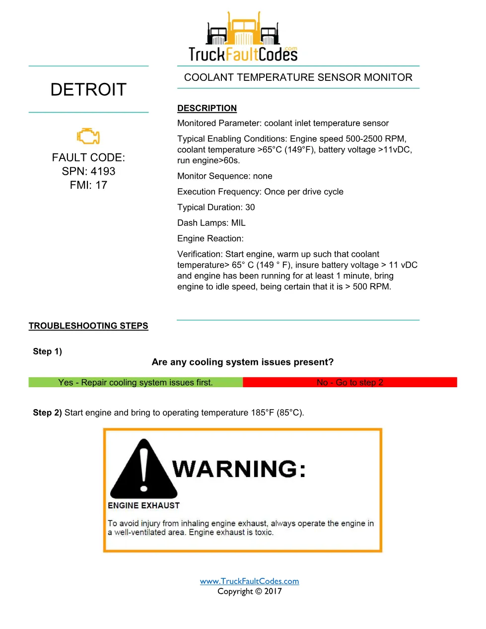 SPN 4193 FMI 17 — Detroit DD Series Coolant Temperature Sensor - preview page 1 of 2