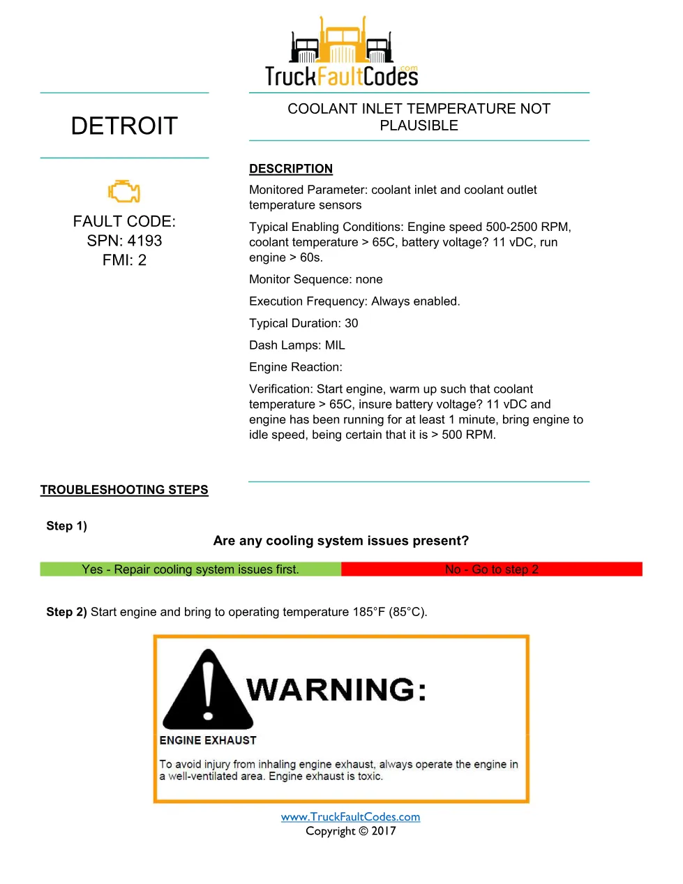 SPN 4193 FMI 2 — Detroit DD Series Coolant Inlet Temperature Not - preview page 1 of 2