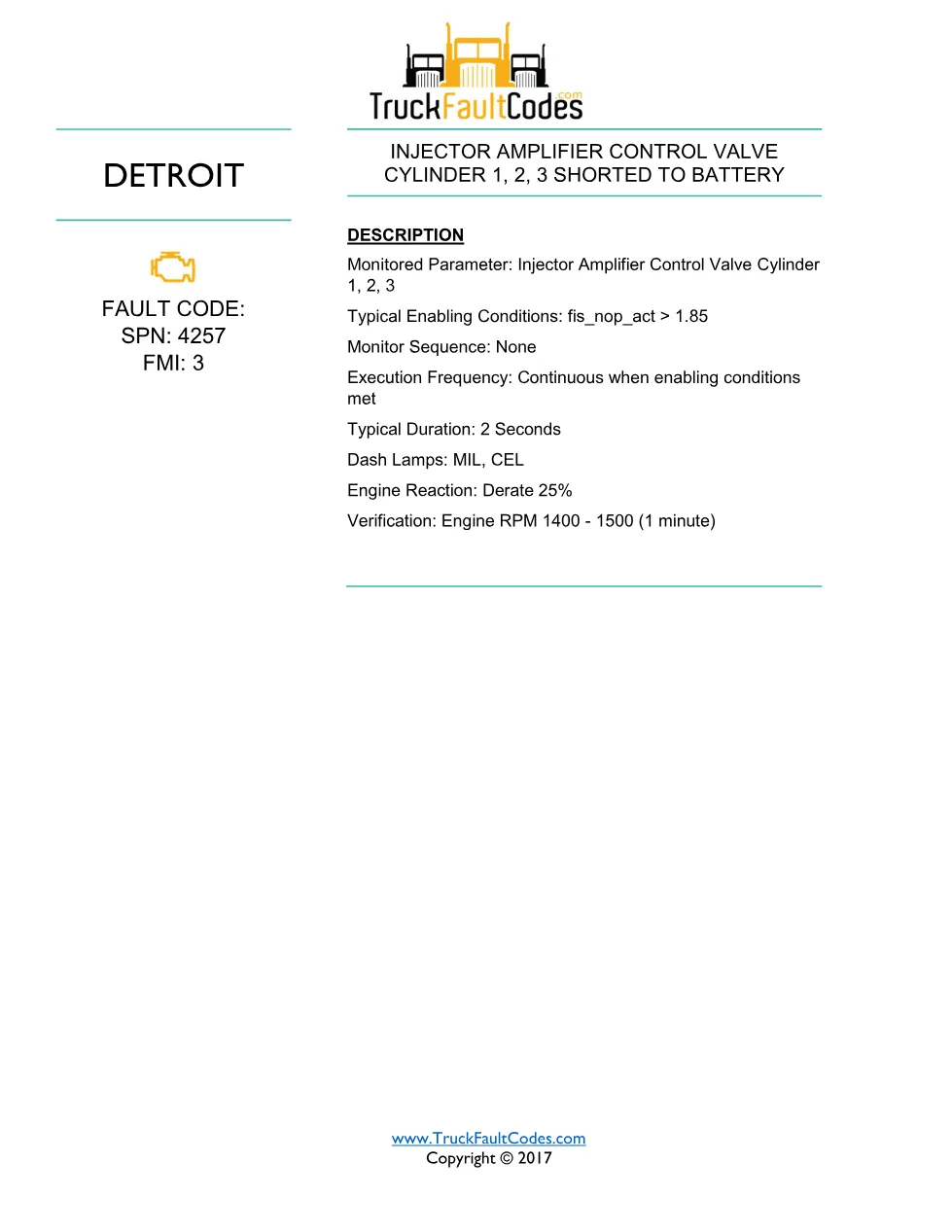 SPN 4257 FMI 3 — Detroit Injector Amplifier Control Valve Cyl 1-3 - page 1 is available after signing in