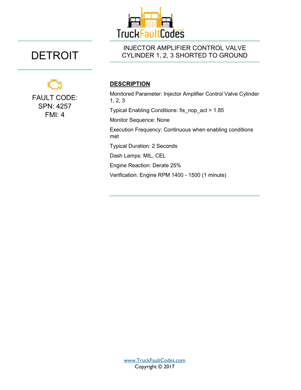 SPN 4257 FMI 4 — Detroit Injector Amplifier Control Valve Cyl 1-3 - page 1 is available after signing in