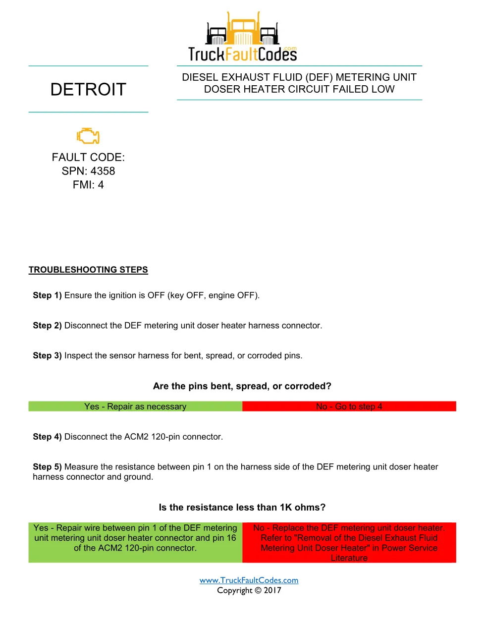 SPN 4358 FMI 4 — Detroit DD Series DEF Metering Unit Doser Heater - page 1 is available after signing in