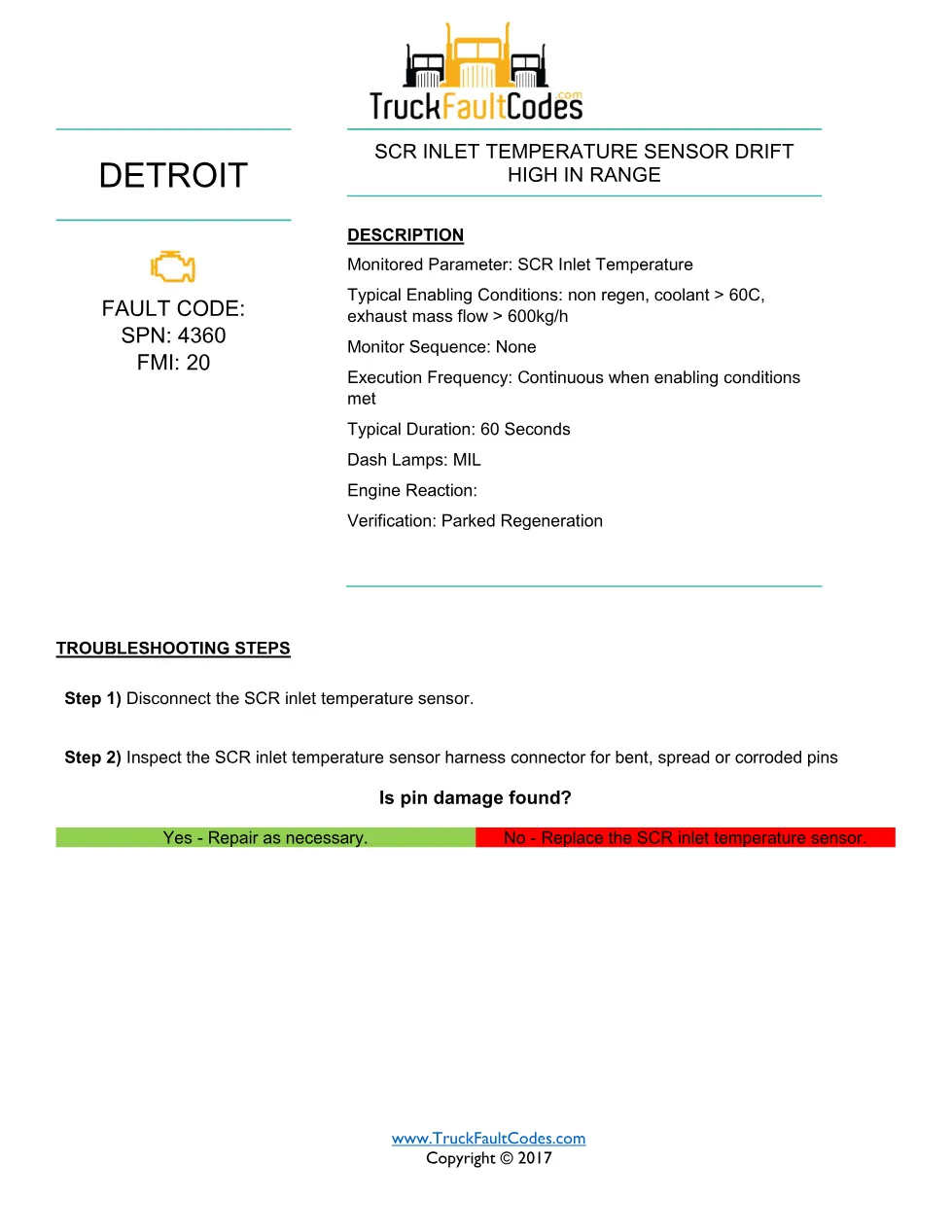 SPN 4360 FMI 20 — Detroit DD Series SCR inlet temp sensor drift - page 1 is available after signing in