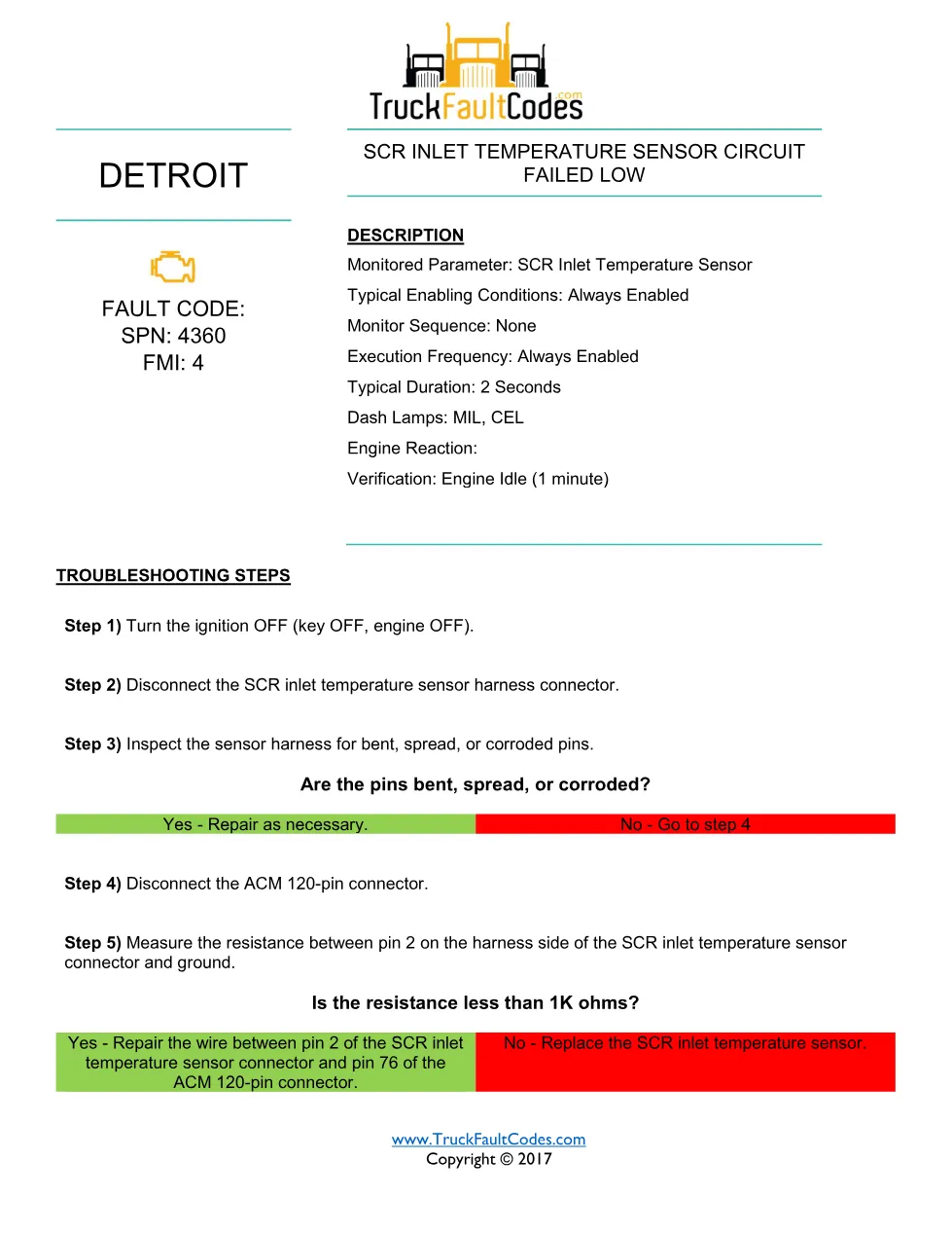 SPN 4360 FMI 4 — Detroit DD Series SCR inlet temp sensor circuit - page 1 is available after signing in