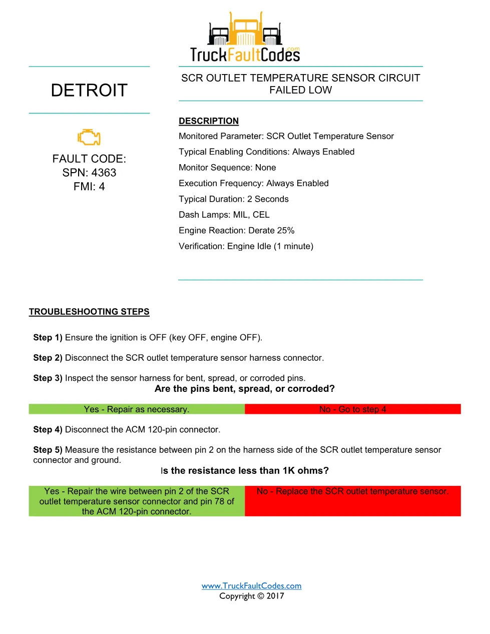 SPN 4363 FMI 4 — Detroit DD Series SCR outlet temp sensor circuit - page 1 is available after signing in