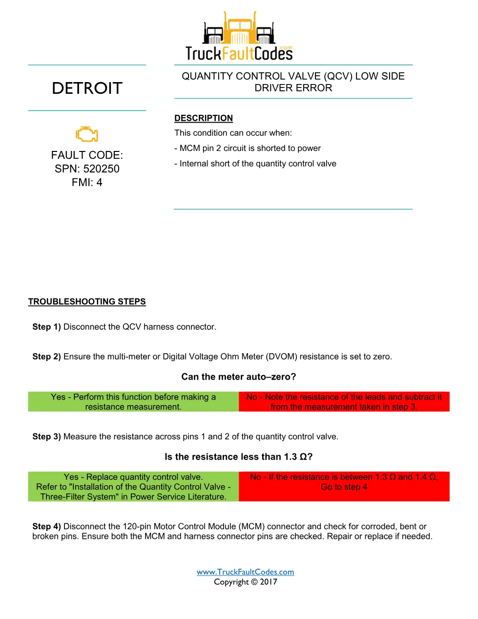 SPN 520250 FMI 4 — Detroit Quantity Control Valve Driver Error - preview page 1 of 2