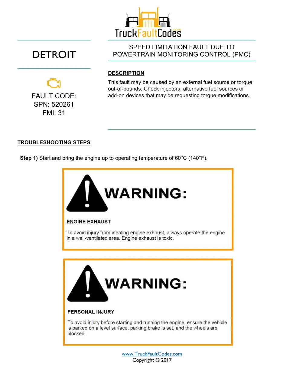 SPN 520261 FMI 31 — Detroit PMC Speed Limitation Fault Fault Code - preview page 1 of 2