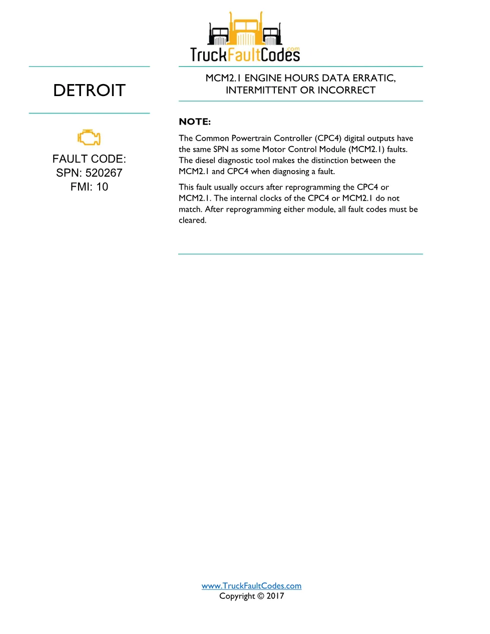 SPN 520267 FMI 10 — Detroit MCM2.1 Engine Hours Data Fault Code - page 1 is available after signing in