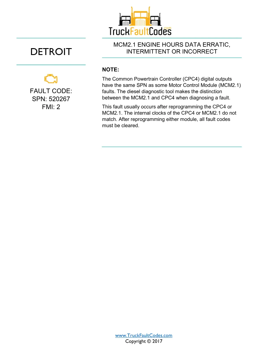 SPN 520267 FMI 2 — Detroit MCM2.1 Engine Hours Data Fault Code - page 1 is available after signing in