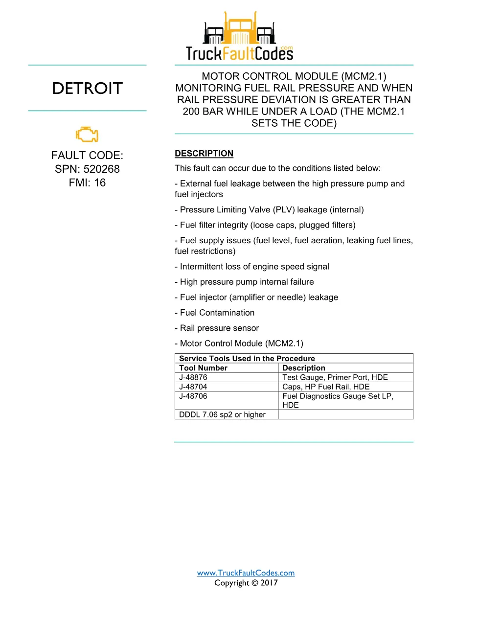 SPN 520268 FMI 16 — Detroit MCM2.1 Fuel Rail Pressure Deviation - preview page 1 of 6