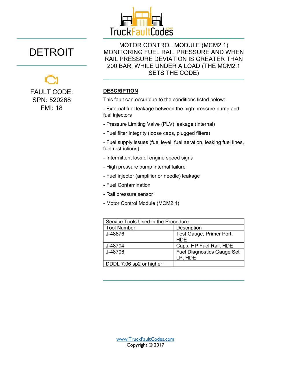 SPN 520268 FMI 18 fault code — Detroit DD Series fuel rail - preview page 1 of 6