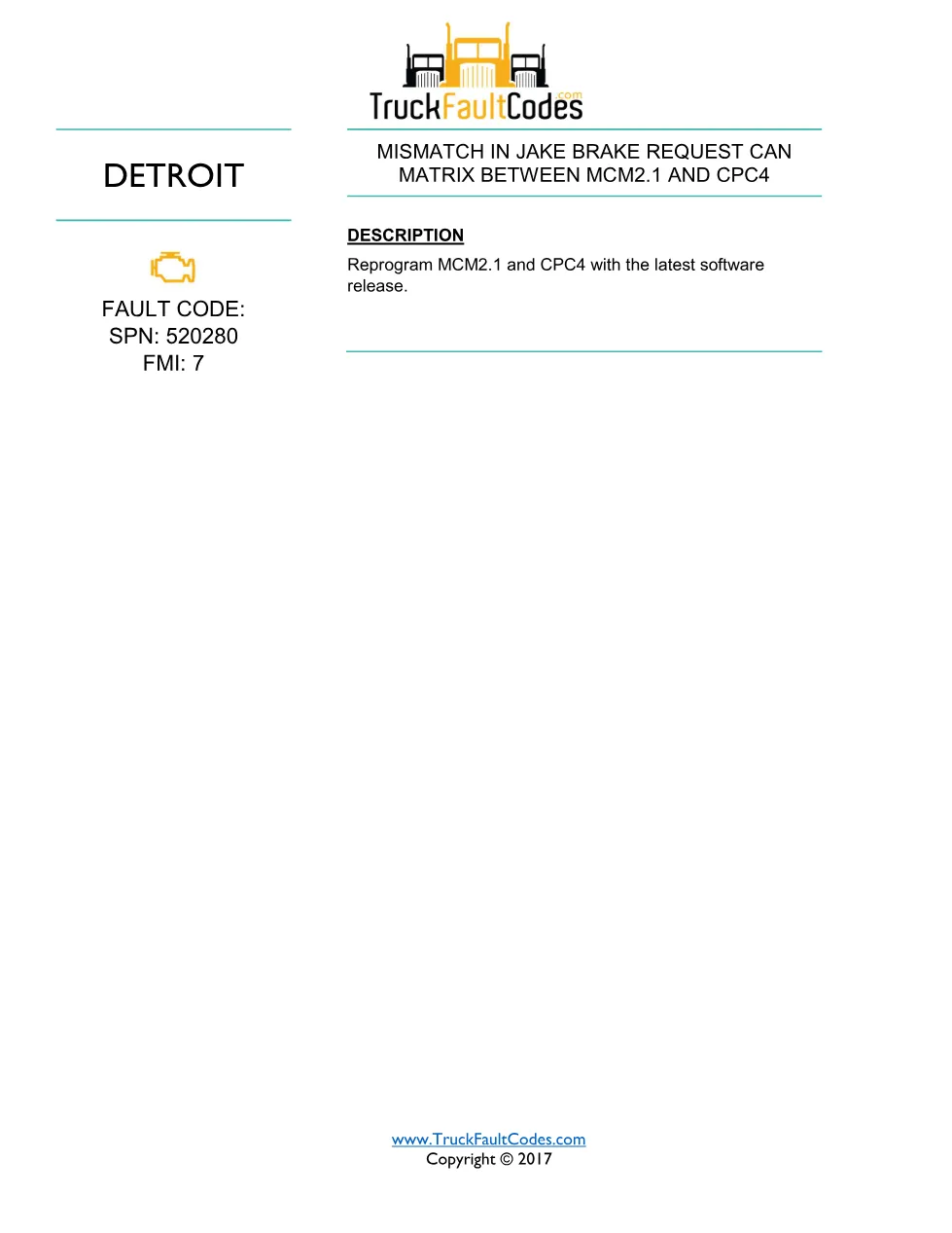 SPN 520280 FMI 7 fault code — Detroit DD Series CAN mismatch PDF - page 1 is available after signing in